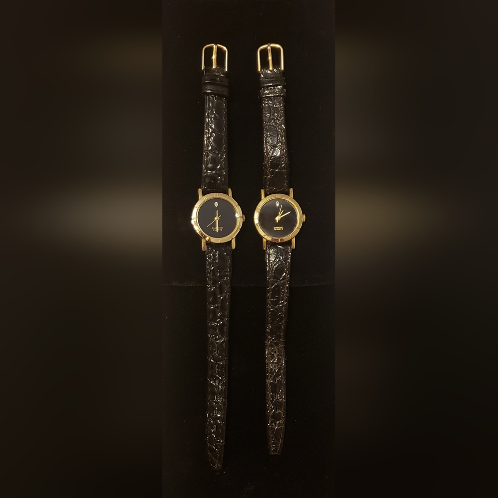 Set Of 2 Quartz Diamond Ladies Watches Black Face.